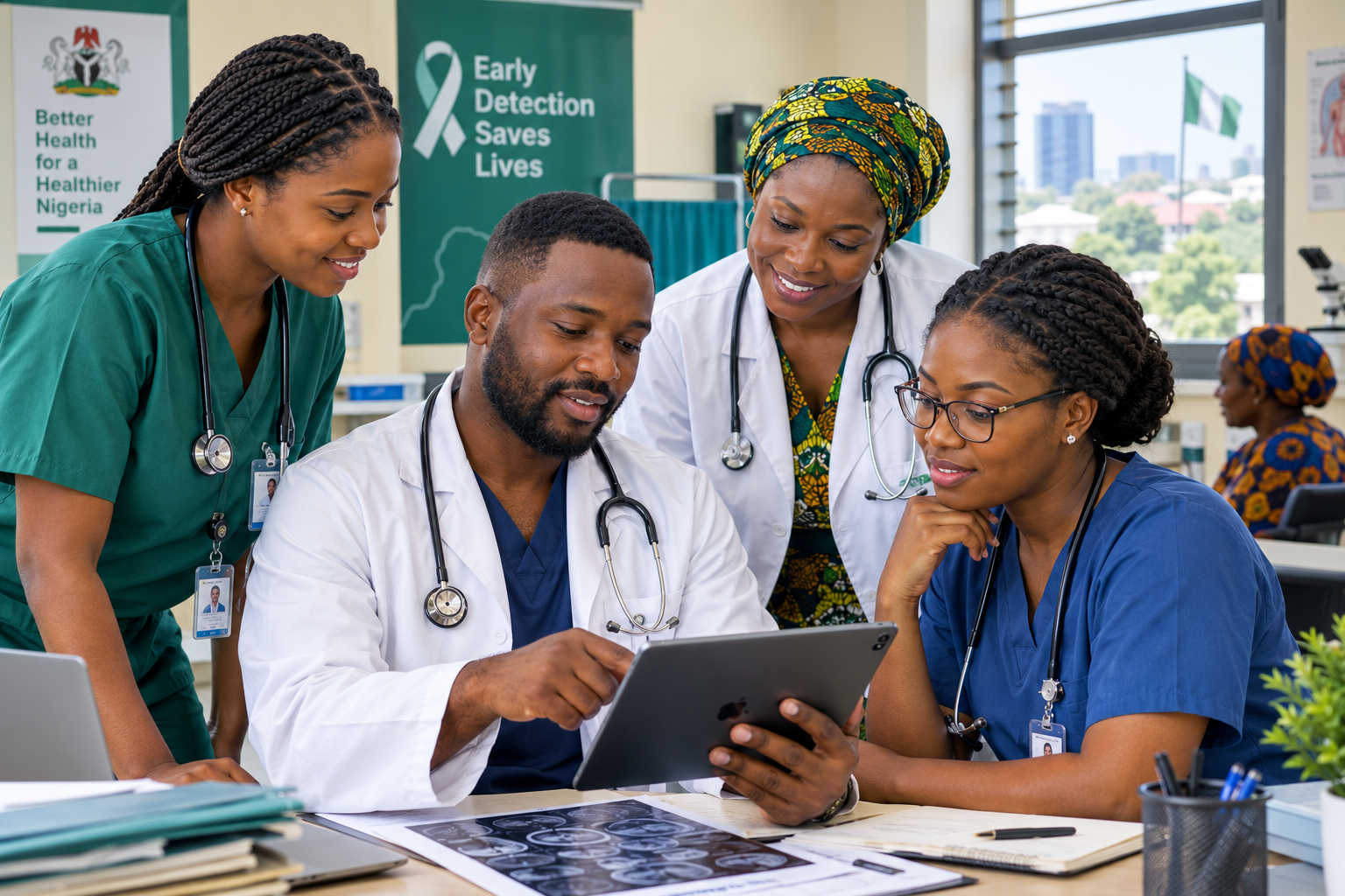Healthcare professionals reviewing cancer screening results